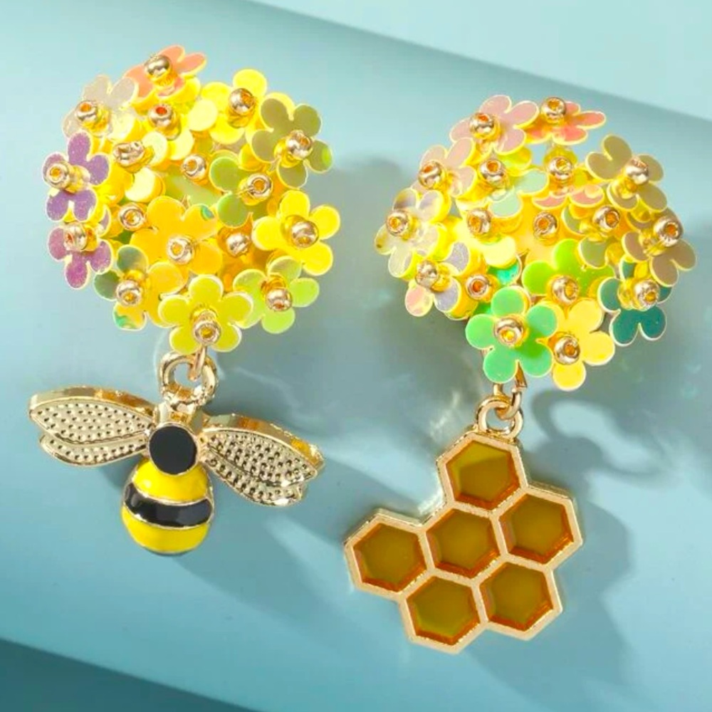 Flower Bee and Honeycomb Earrings